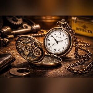 Invicta Pocket Watch – Vintage Motorcycle Design | Collectible Bronze Finish